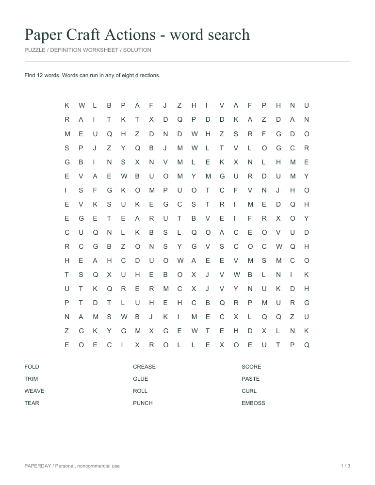 Preview of Paper Craft Actions Word Search