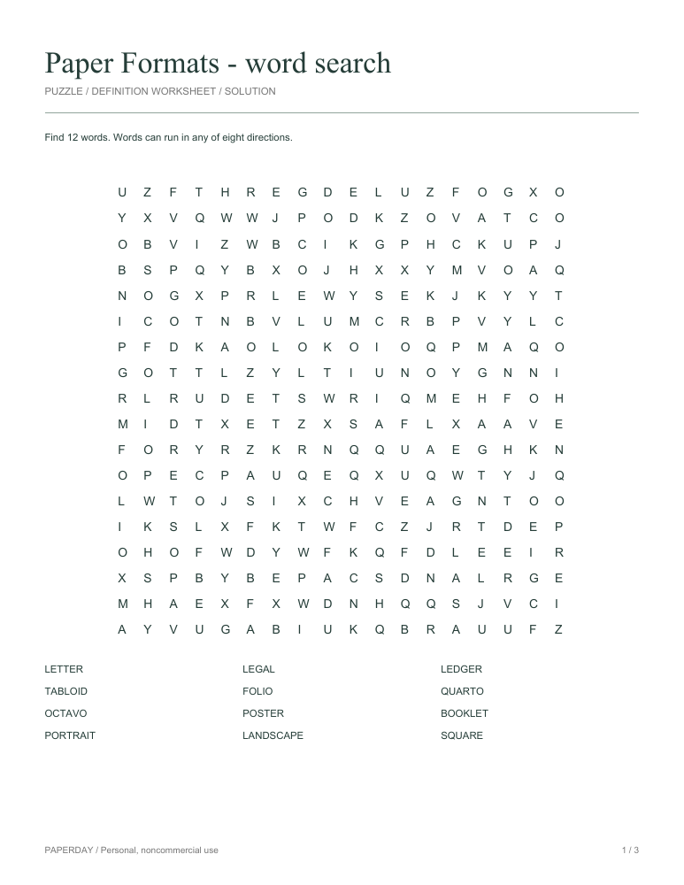 Preview of Paper Formats Word Search