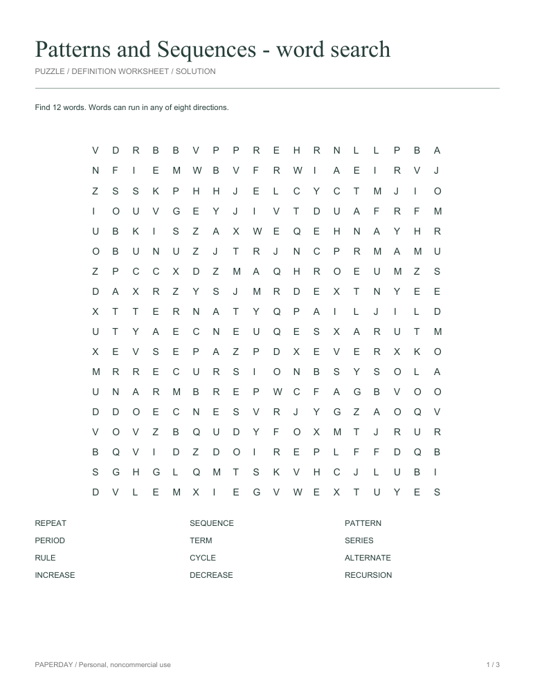 Preview of Patterns and Sequences Word Search