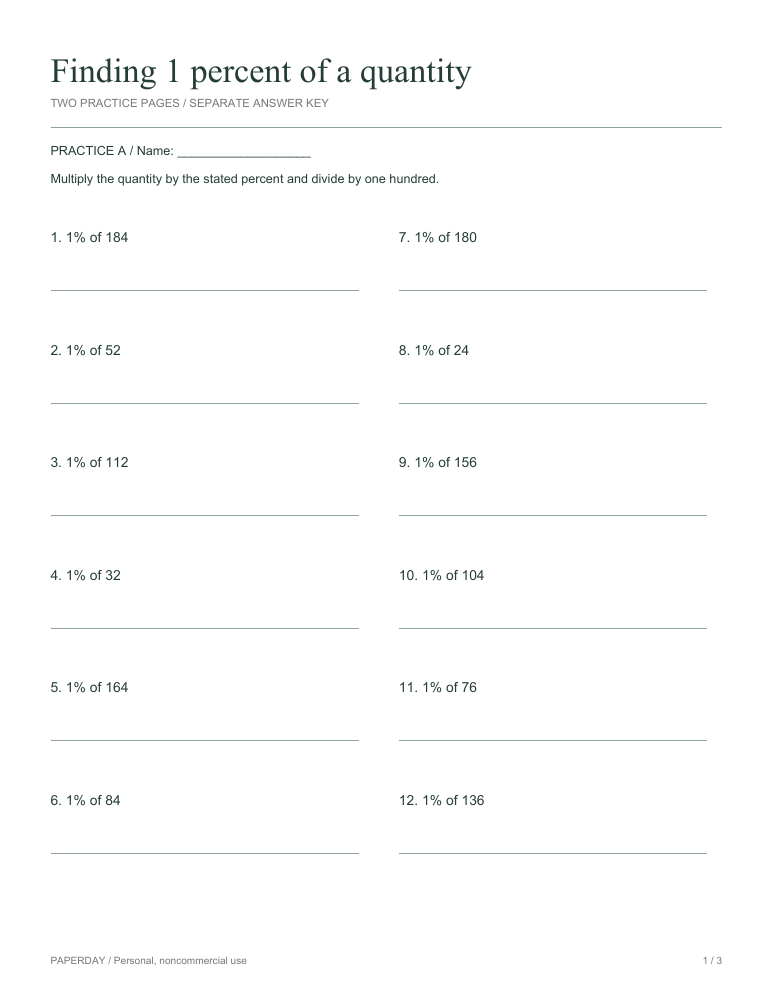 Preview of Finding 1 percent of a quantity - practice and answers