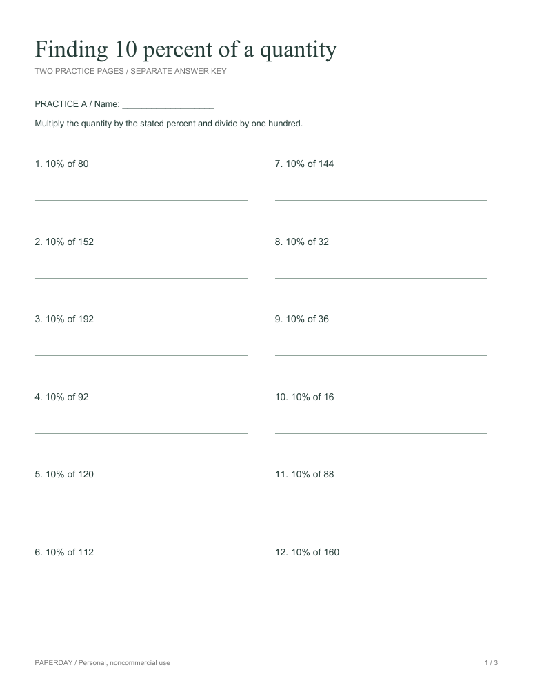 Preview of Finding 10 percent of a quantity - practice and answers