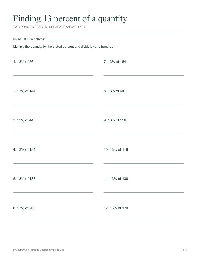 Preview of Finding 13 percent of a quantity - practice and answers