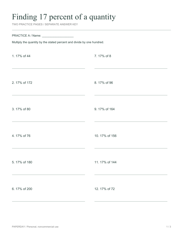 Preview of Finding 17 percent of a quantity - practice and answers
