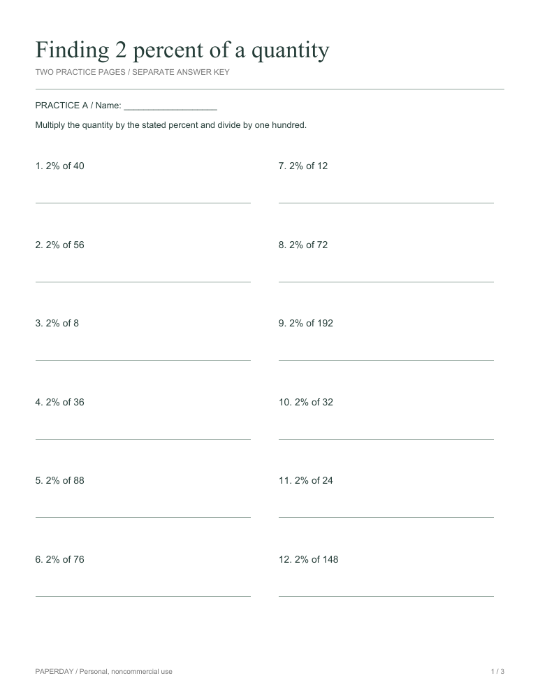Preview of Finding 2 percent of a quantity - practice and answers