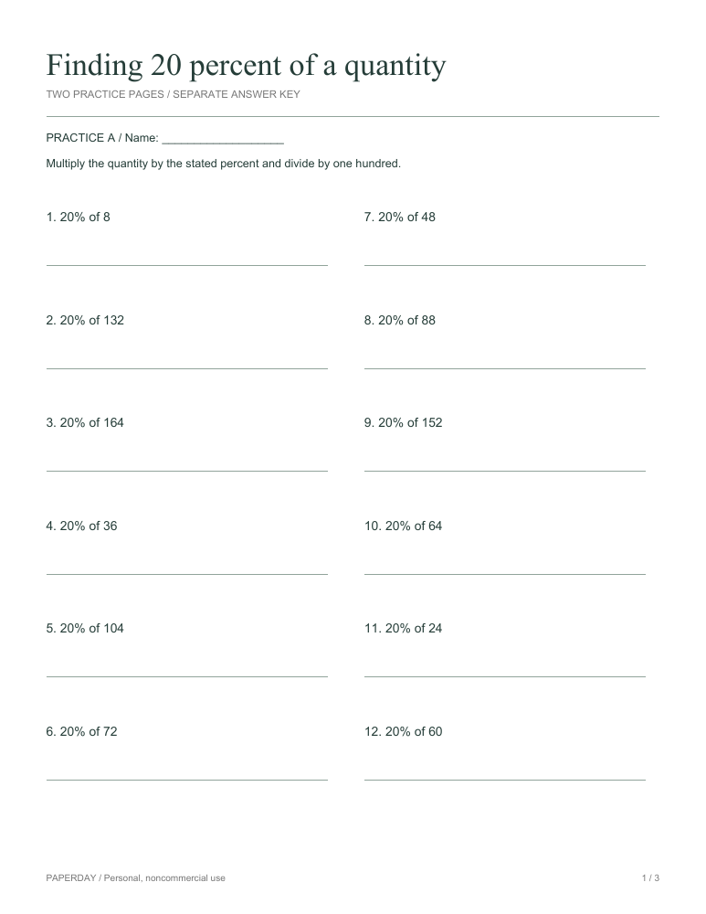 Preview of Finding 20 percent of a quantity - practice and answers