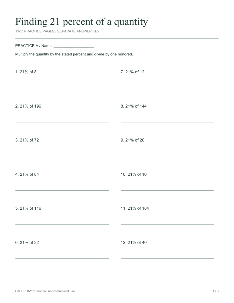 Preview of Finding 21 percent of a quantity - practice and answers