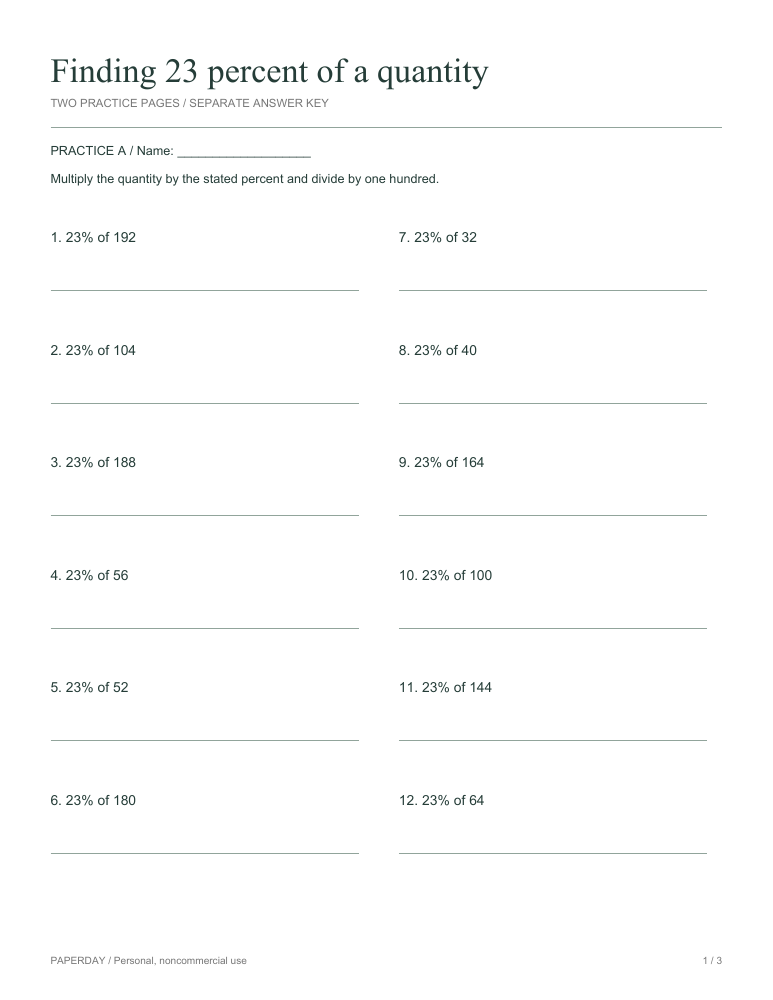 Preview of Finding 23 percent of a quantity - practice and answers