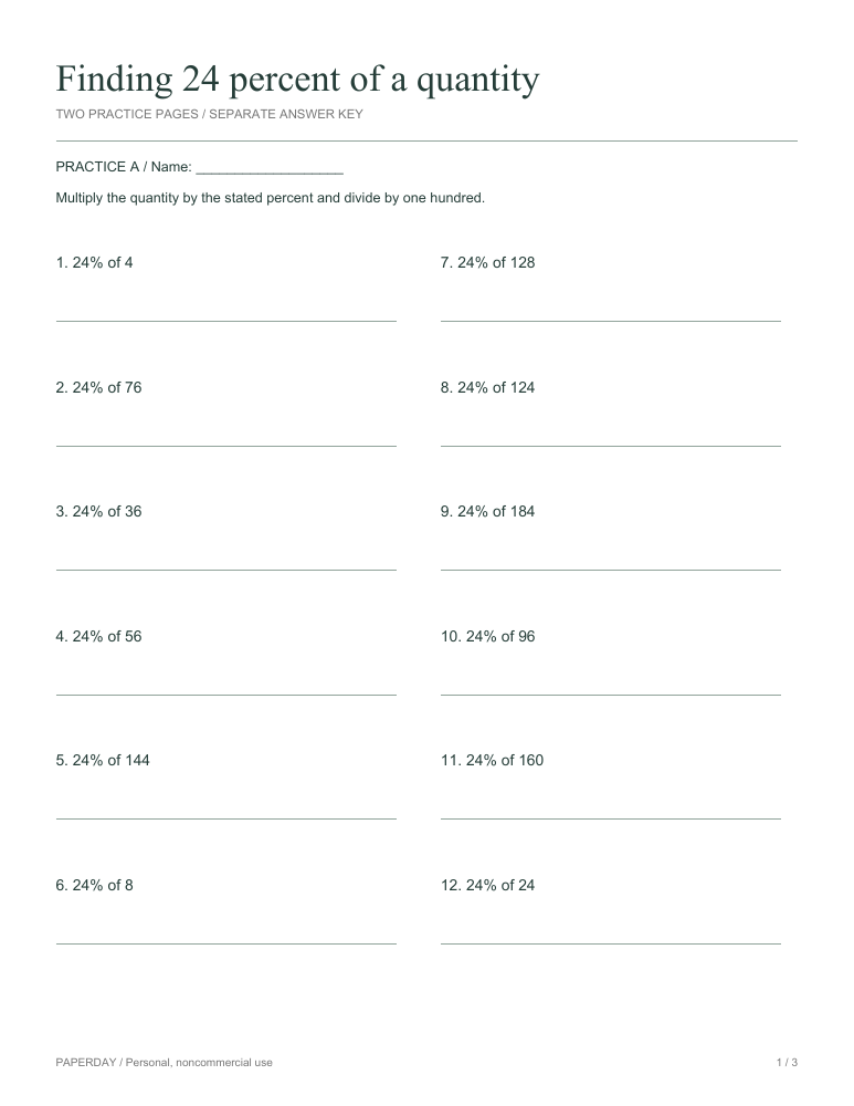 Preview of Finding 24 percent of a quantity - practice and answers