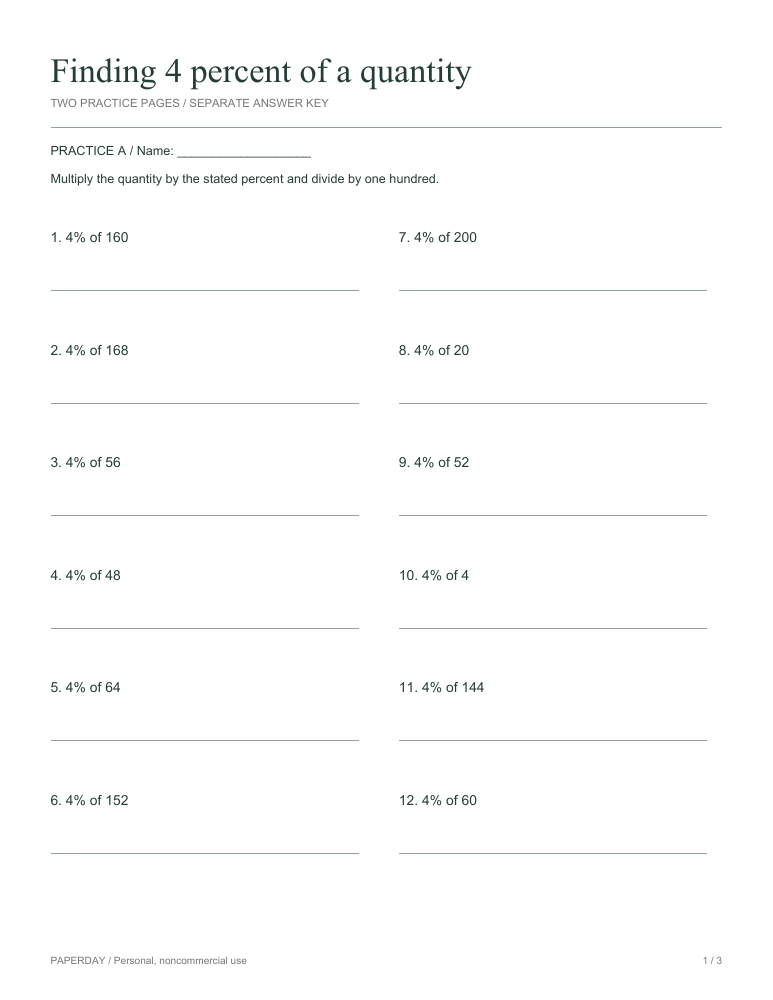 Preview of Finding 4 percent of a quantity - practice and answers