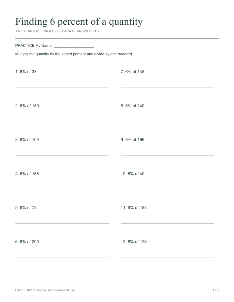 Preview of Finding 6 percent of a quantity - practice and answers