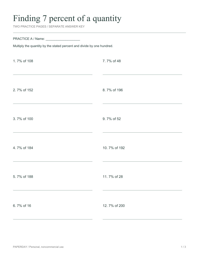 Preview of Finding 7 percent of a quantity - practice and answers
