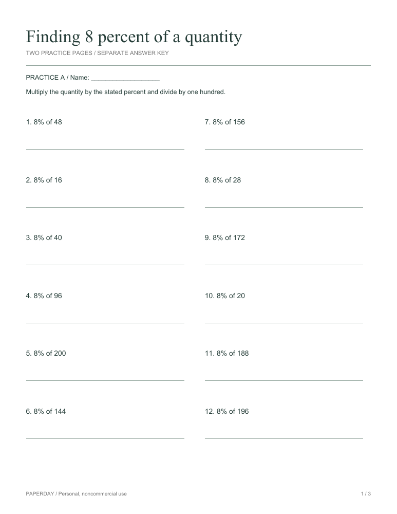 Preview of Finding 8 percent of a quantity - practice and answers