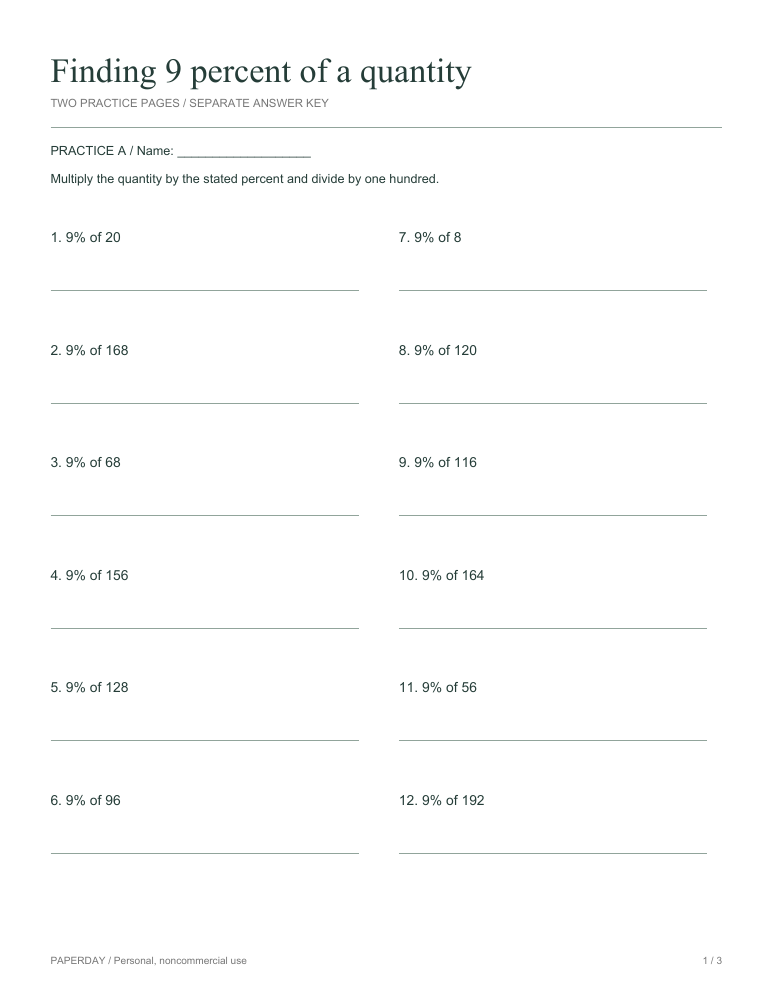 Preview of Finding 9 percent of a quantity - practice and answers