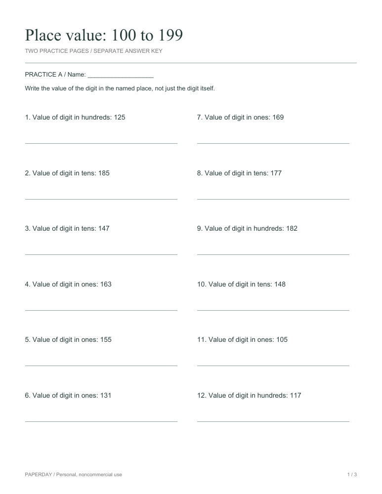 Preview of Place value: 100 to 199 - practice and answers