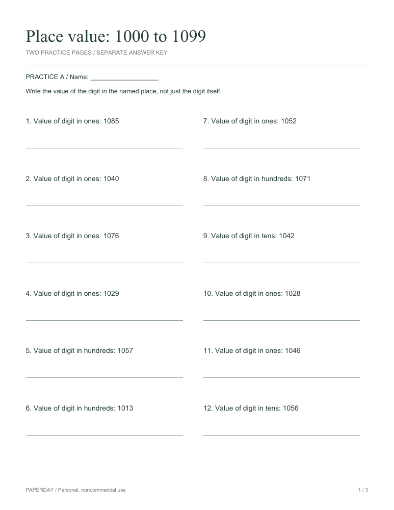 Preview of Place value: 1000 to 1099 - practice and answers