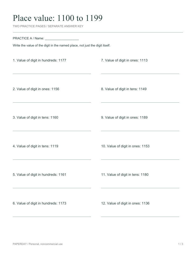 Preview of Place value: 1100 to 1199 - practice and answers
