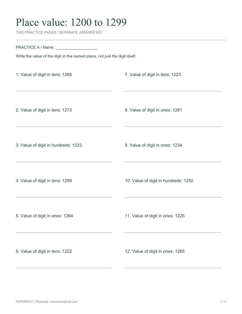 Preview of Place value: 1200 to 1299 - practice and answers