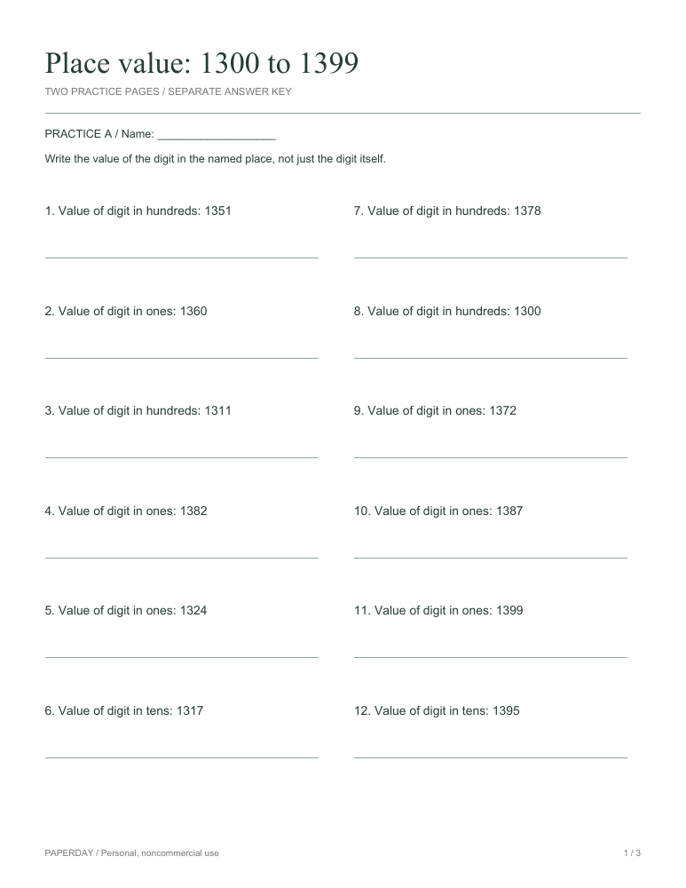 Preview of Place value: 1300 to 1399 - practice and answers