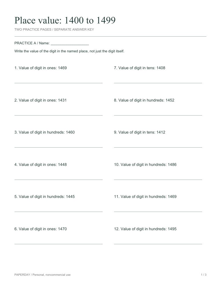 Preview of Place value: 1400 to 1499 - practice and answers