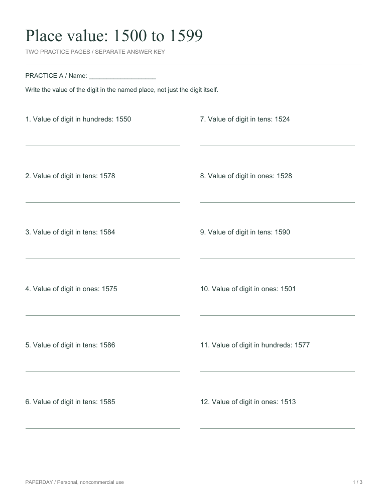 Preview of Place value: 1500 to 1599 - practice and answers