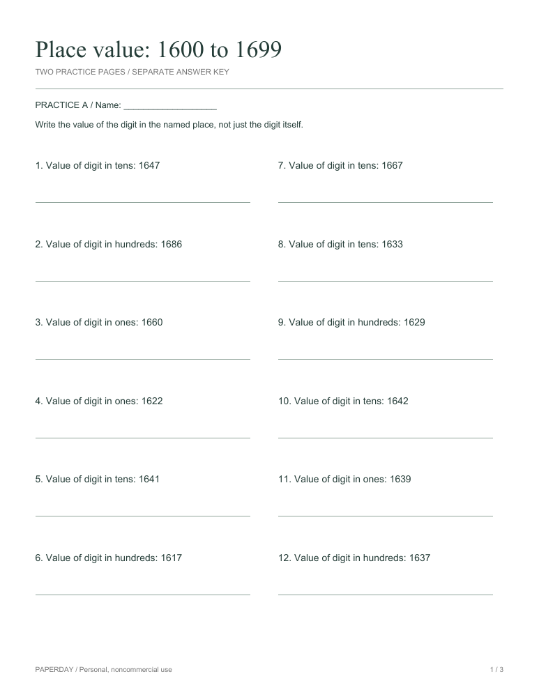 Preview of Place value: 1600 to 1699 - practice and answers
