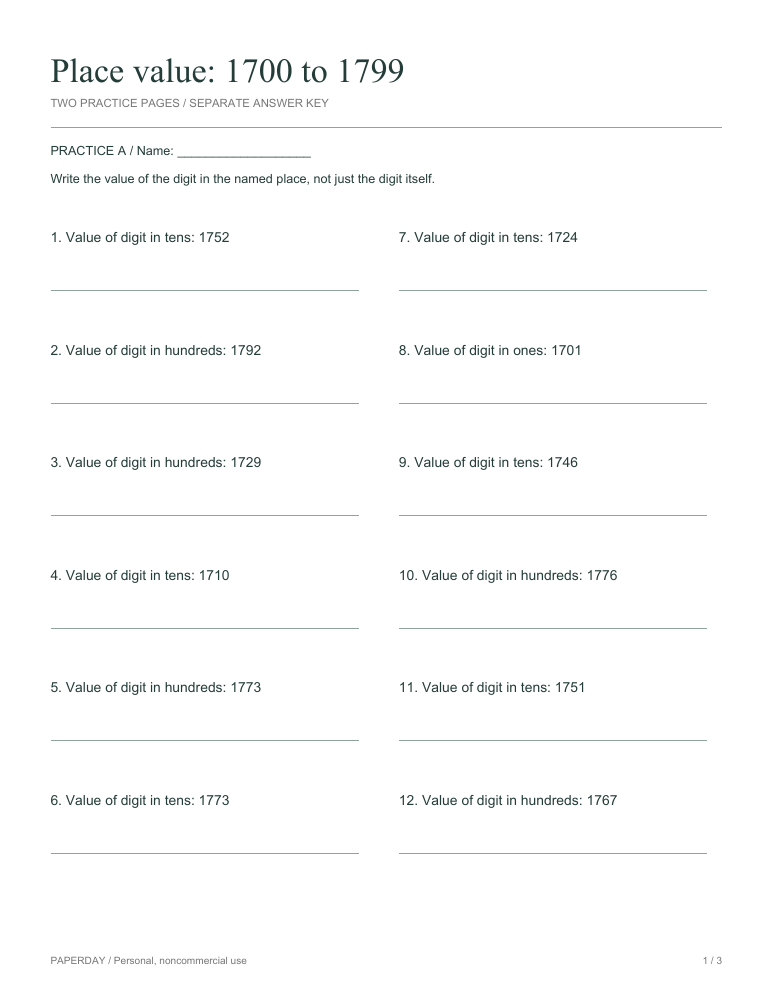 Preview of Place value: 1700 to 1799 - practice and answers