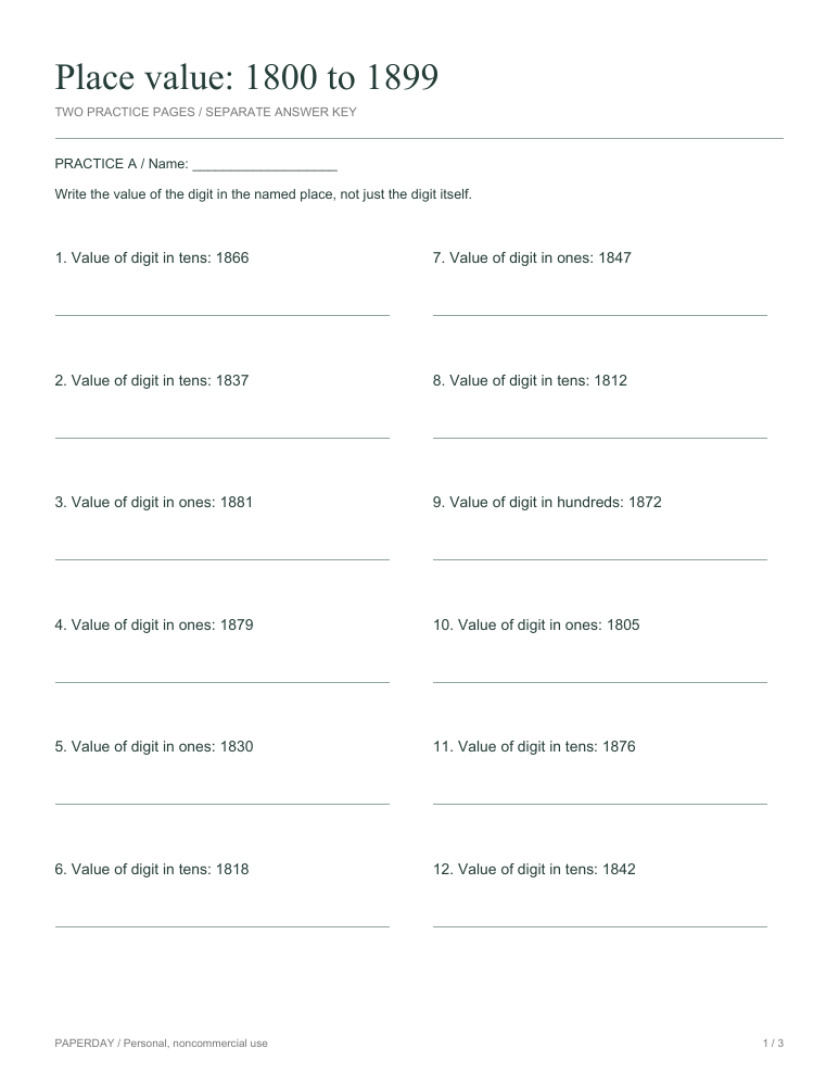 Preview of Place value: 1800 to 1899 - practice and answers