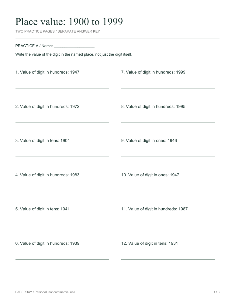 Preview of Place value: 1900 to 1999 - practice and answers