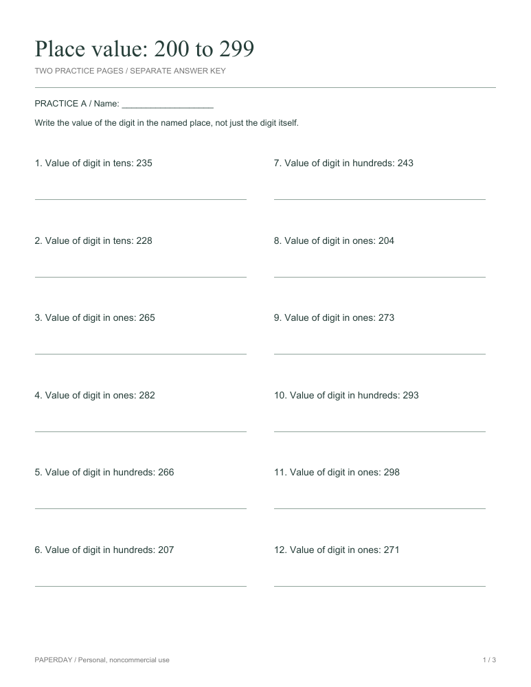 Preview of Place value: 200 to 299 - practice and answers