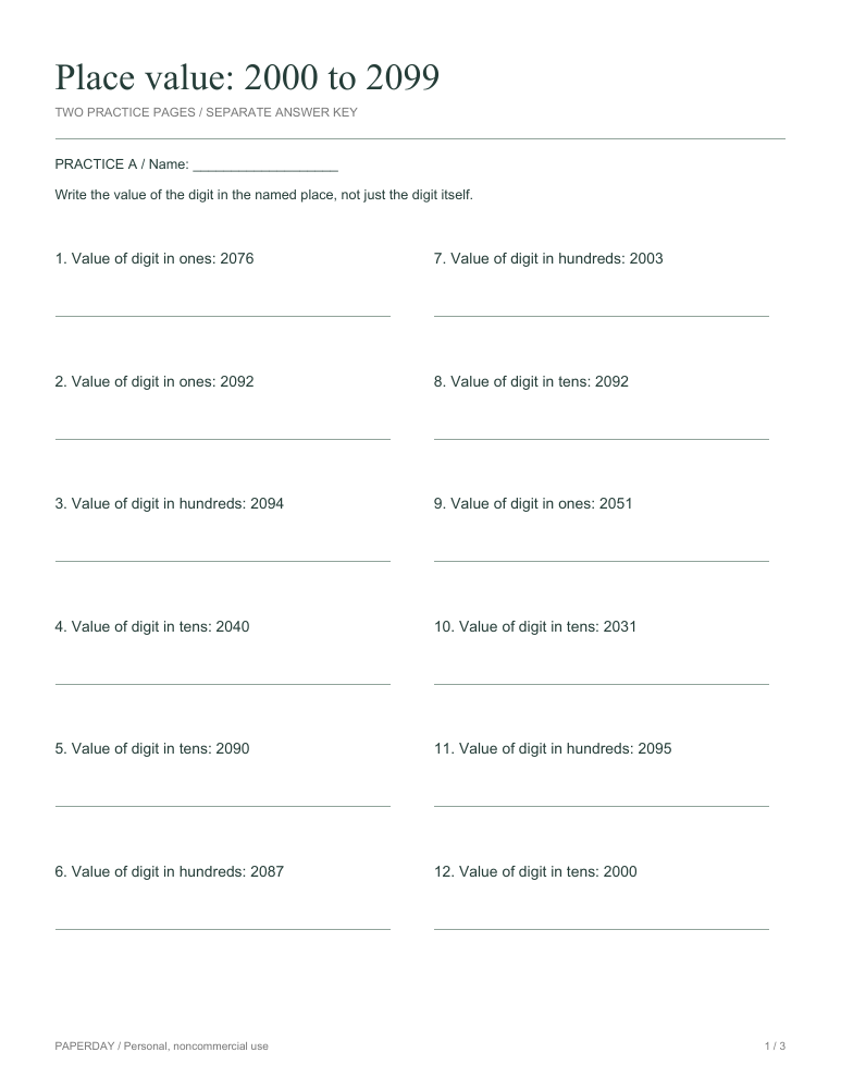Preview of Place value: 2000 to 2099 - practice and answers