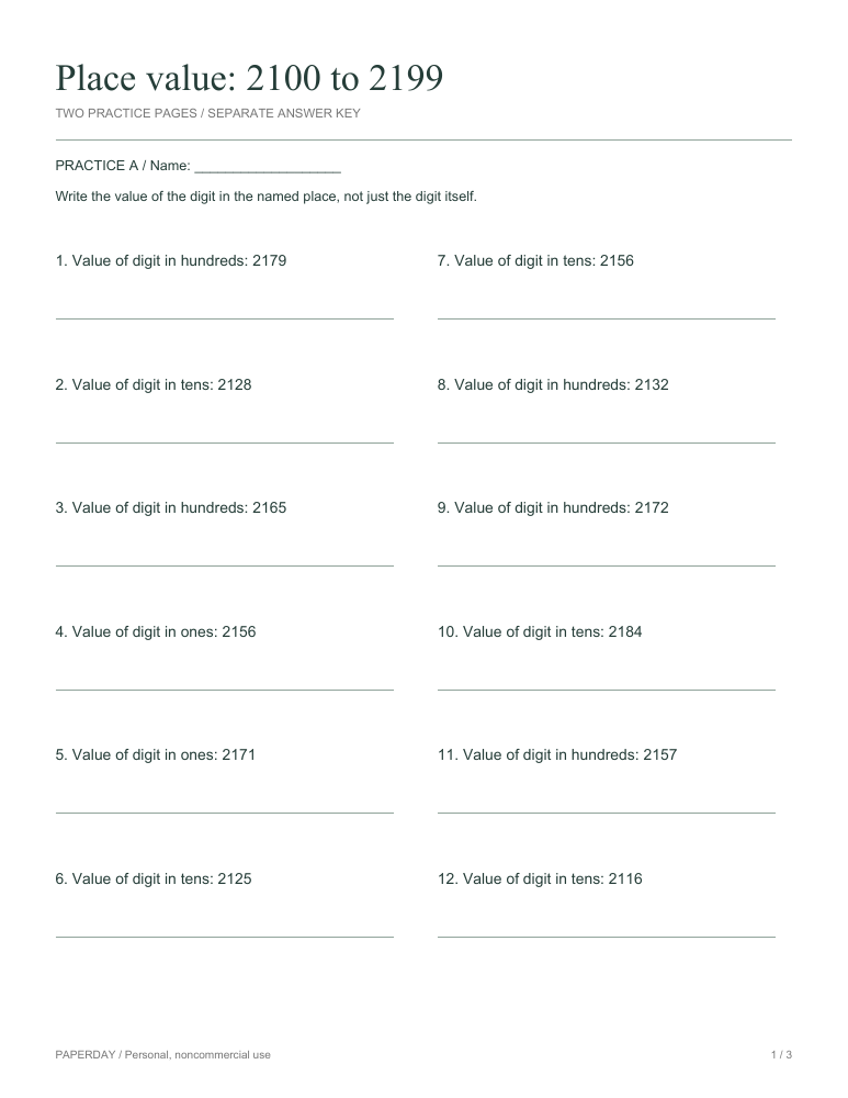 Preview of Place value: 2100 to 2199 - practice and answers