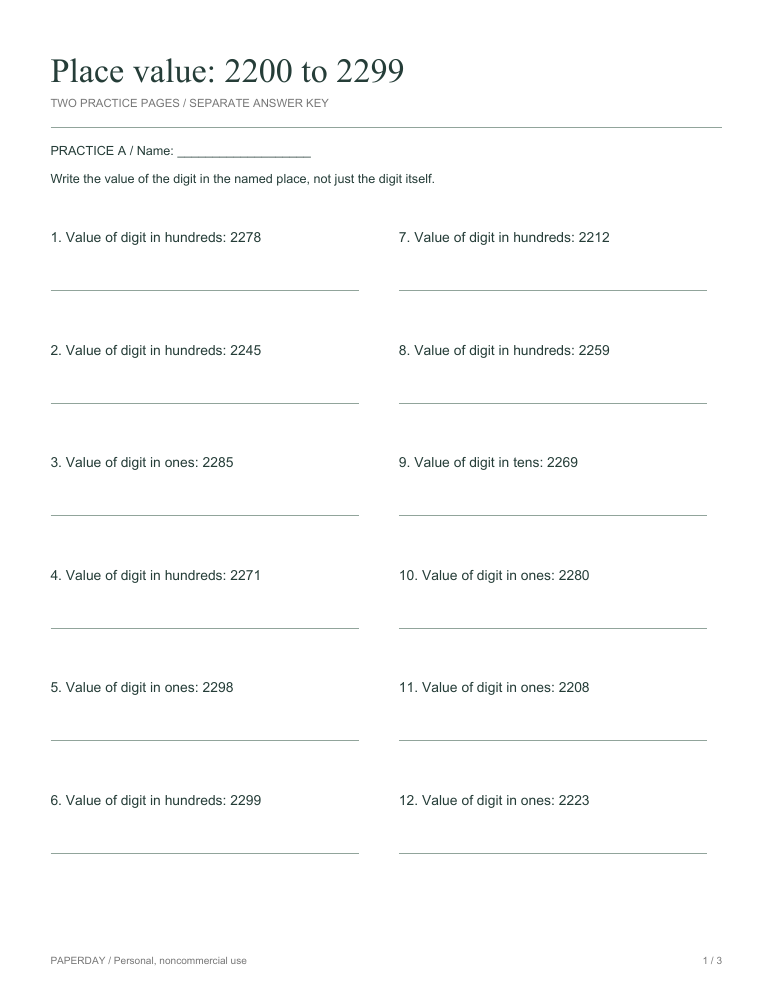 Preview of Place value: 2200 to 2299 - practice and answers