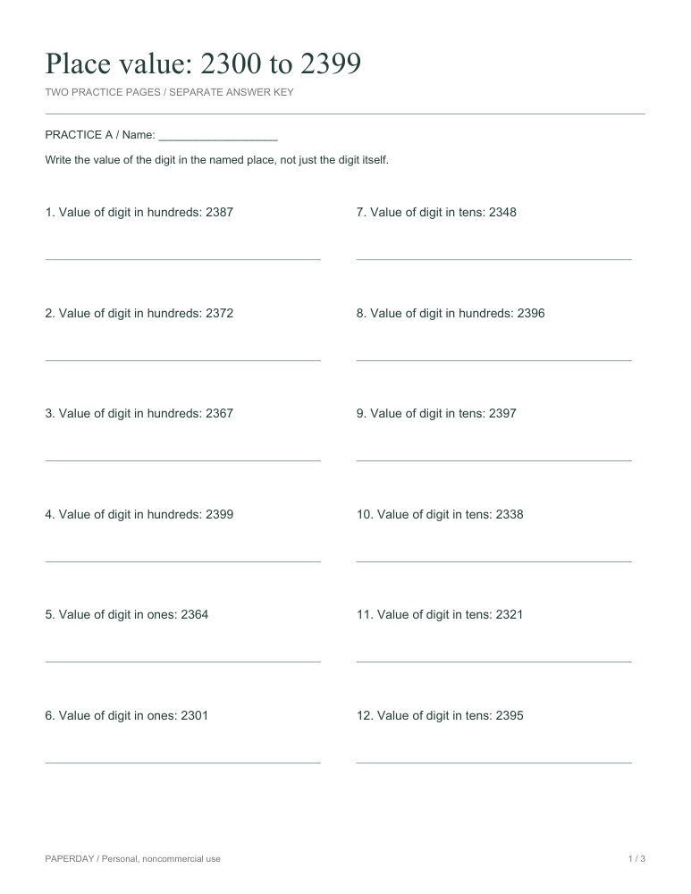 Preview of Place value: 2300 to 2399 - practice and answers