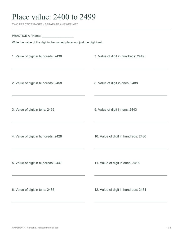 Preview of Place value: 2400 to 2499 - practice and answers