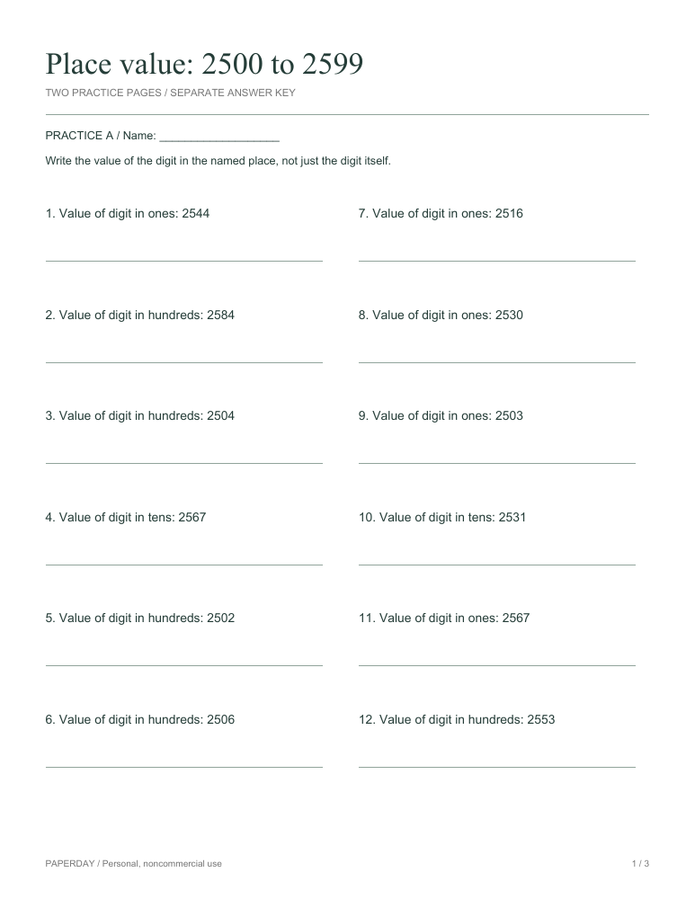 Preview of Place value: 2500 to 2599 - practice and answers