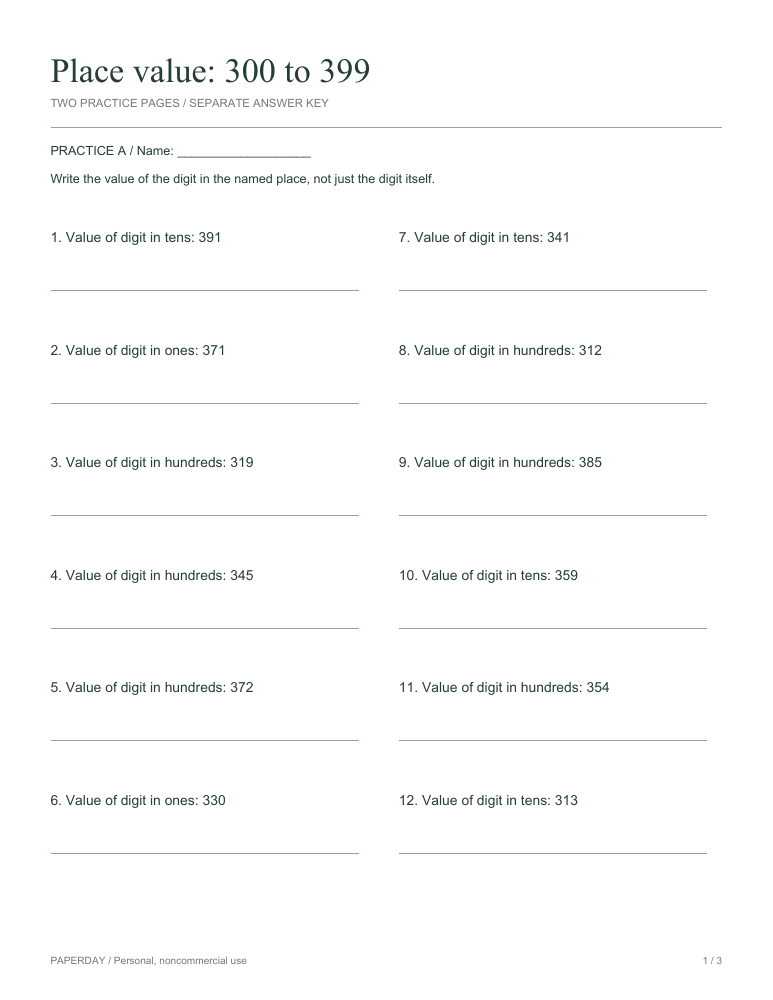 Preview of Place value: 300 to 399 - practice and answers