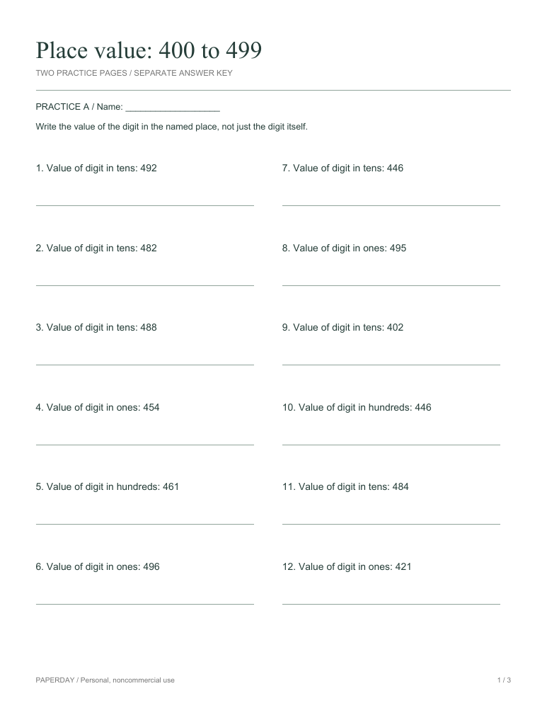 Preview of Place value: 400 to 499 - practice and answers