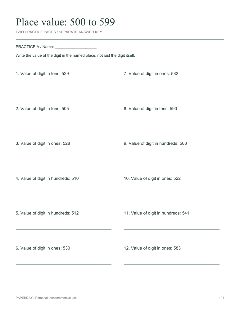 Preview of Place value: 500 to 599 - practice and answers
