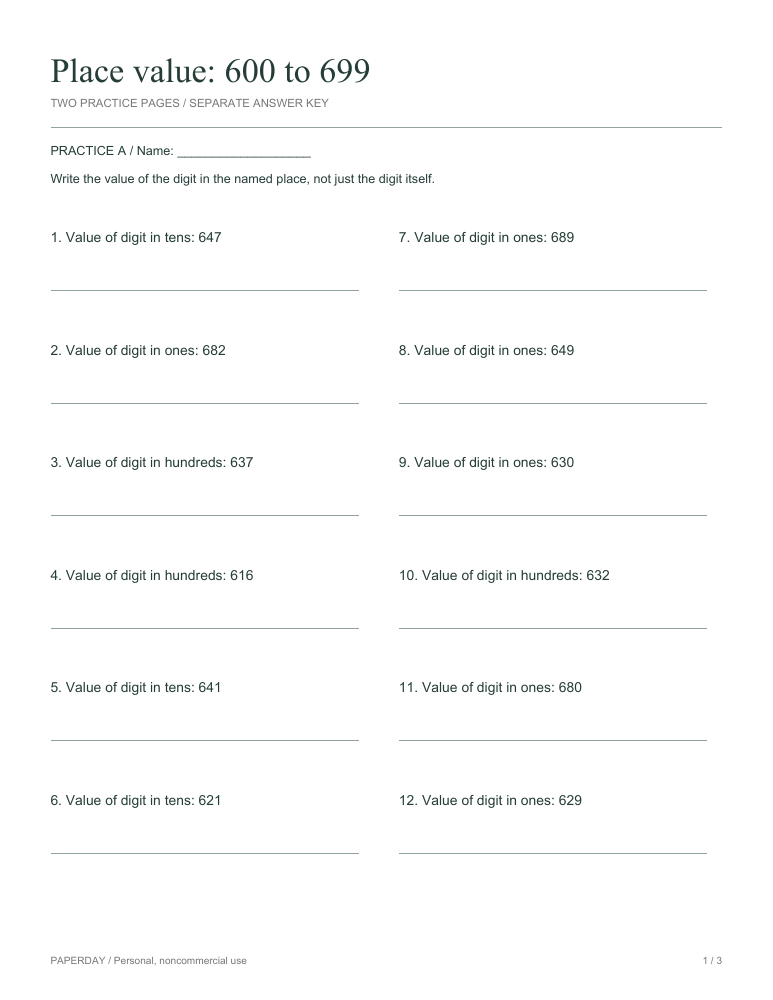 Preview of Place value: 600 to 699 - practice and answers