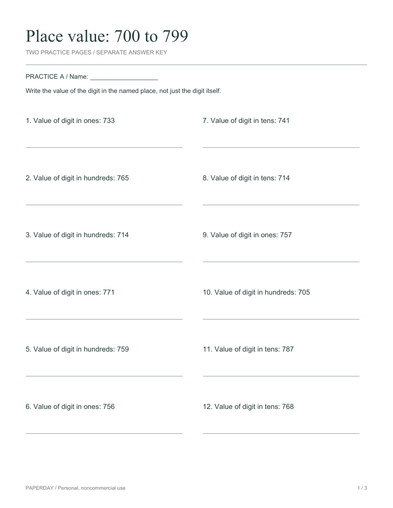 Preview of Place value: 700 to 799 - practice and answers
