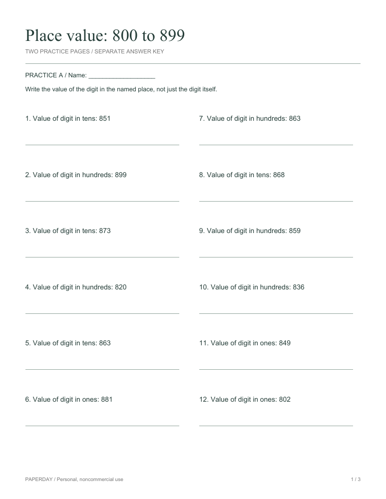 Preview of Place value: 800 to 899 - practice and answers