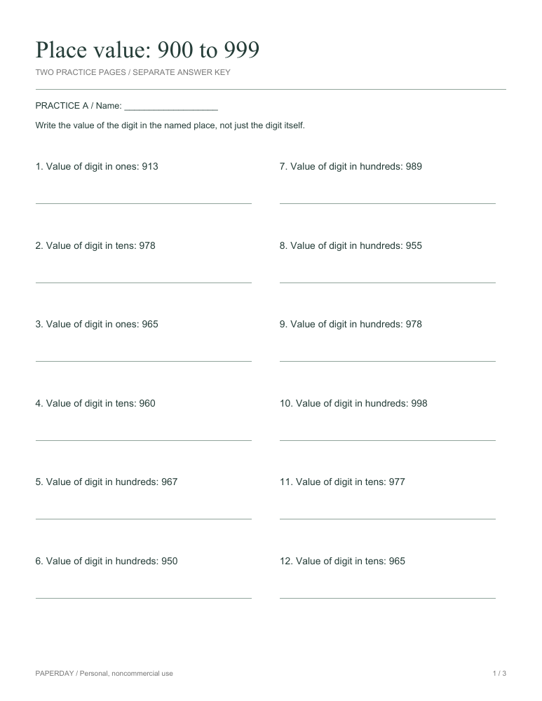 Preview of Place value: 900 to 999 - practice and answers