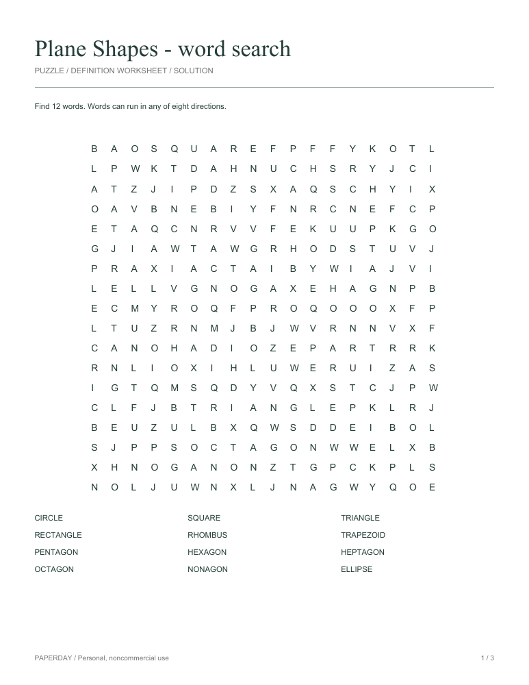 Preview of Plane Shapes Word Search