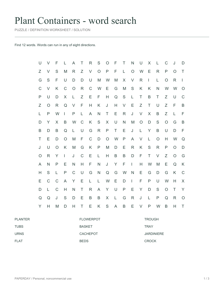 Preview of Plant Containers Word Search