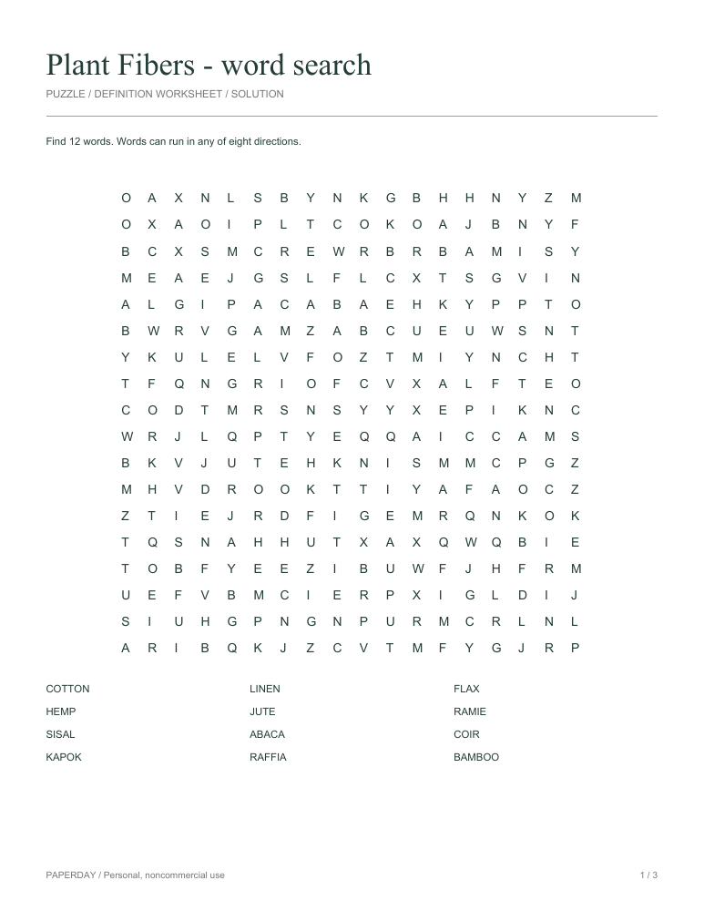 Preview of Plant Fibers Word Search