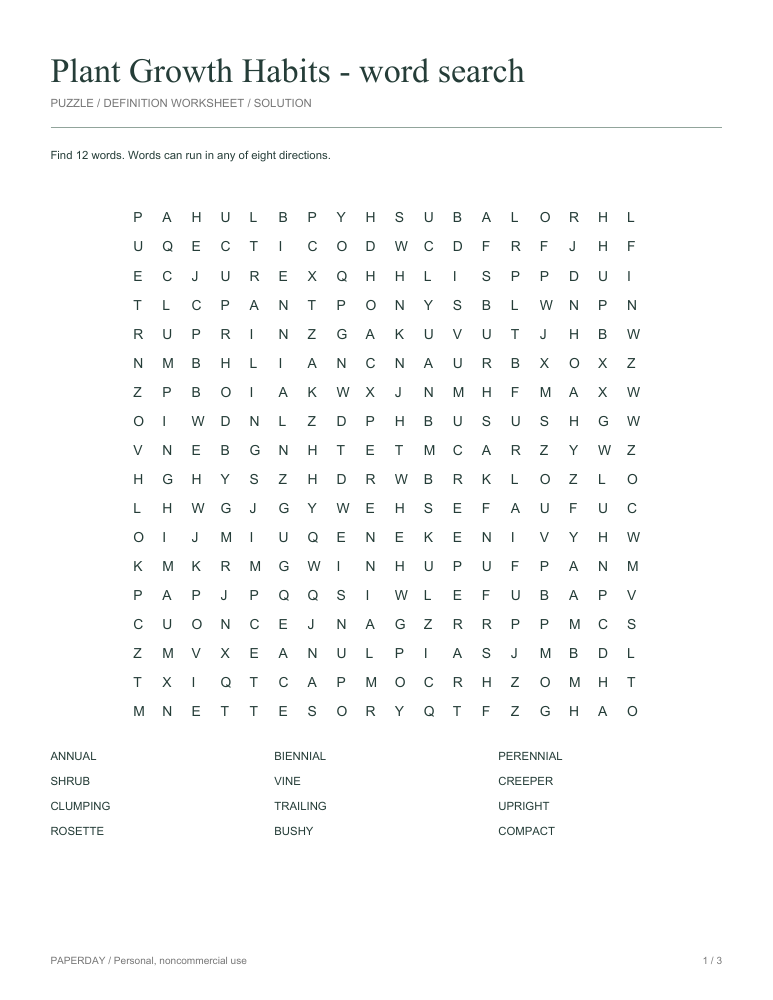 Preview of Plant Growth Habits Word Search