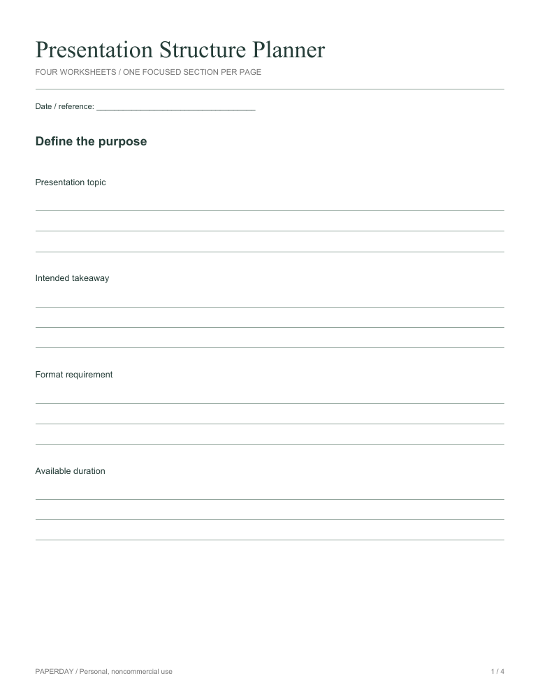 Page one of Presentation Structure Planner