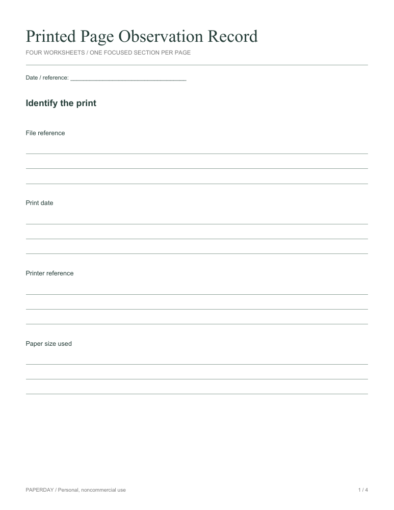 Page one of Printed Page Observation Record