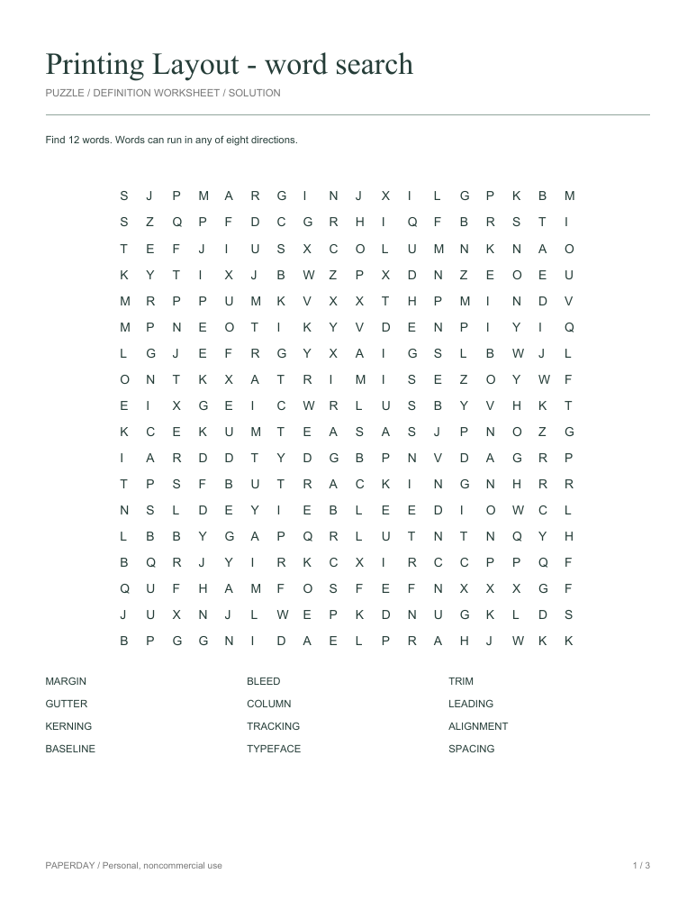 Preview of Printing Layout Word Search