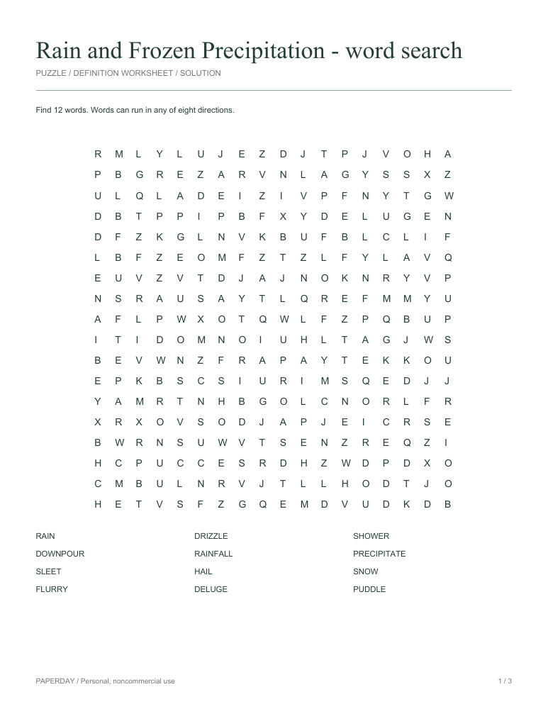 Preview of Rain and Frozen Precipitation Word Search